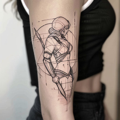 Contemporary flat tattoo sketch of Artemis in geometric armor