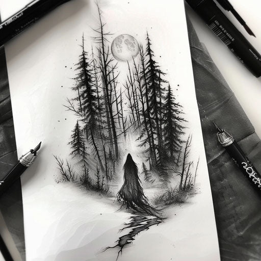Flat tattoo sketch inspired by nature of a vampire emerging from a misty forest