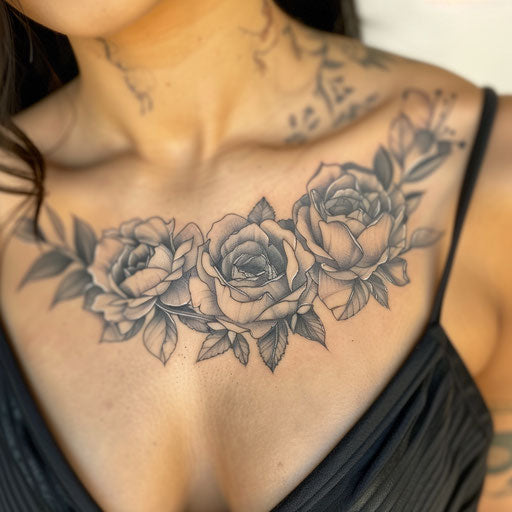 Realistic black and gray floral chest tattoo design