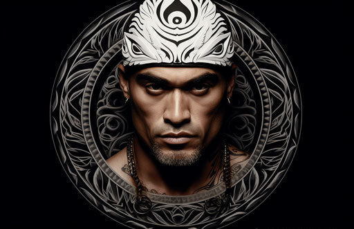 Tribal man in white circle, Maori art style, exotic birds