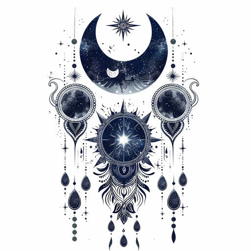 Ethereal flat tattoo sketch of celestial bodies in balance