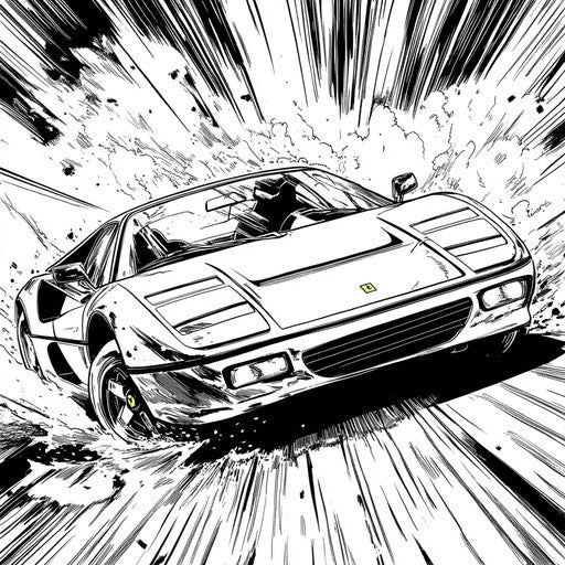 Ferrari in an exciting comic book action scene, in the style of Mike Zeck, bold and dynamic Coloring book page