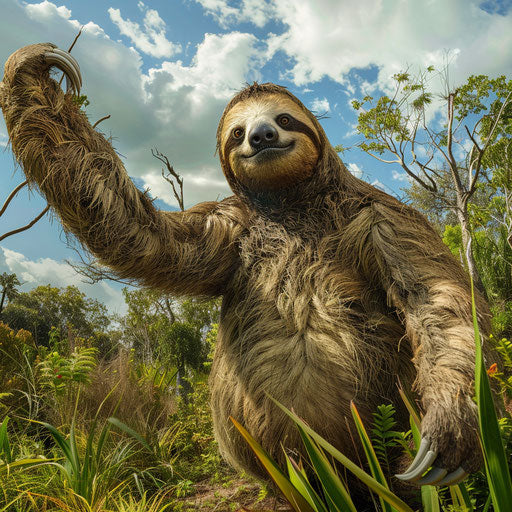 Giant sloth in the wild displaying natural interactions in the style of Frans Lanting