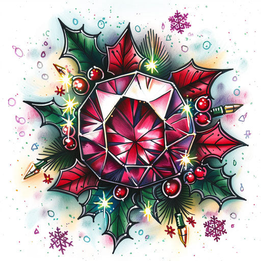 Festive tattoo sketch of a ruby surrounded by lights and snowflakes