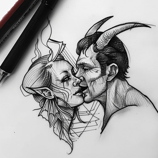 Minimalist flat tattoo sketch of an angel whispering to a devil