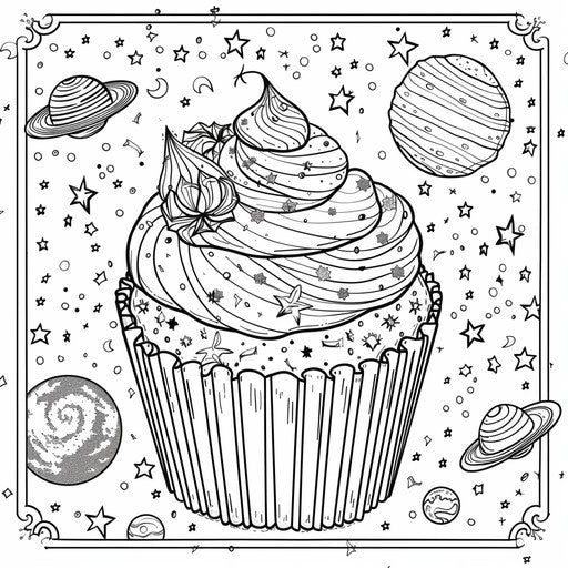 Galactic cupcake: stars and planets. Coloring book page