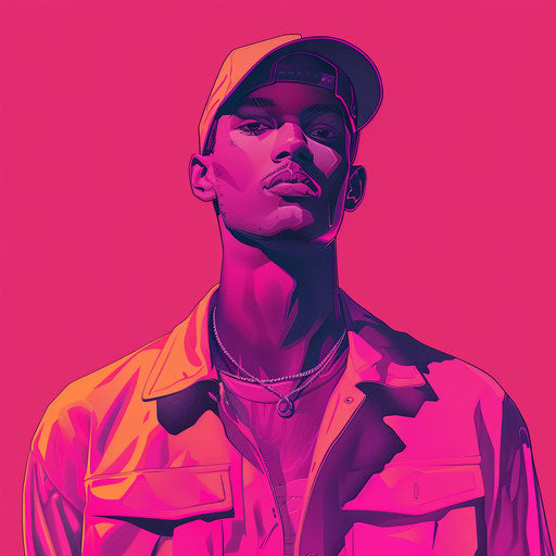 Man standing on bright magenta background with detailed textures