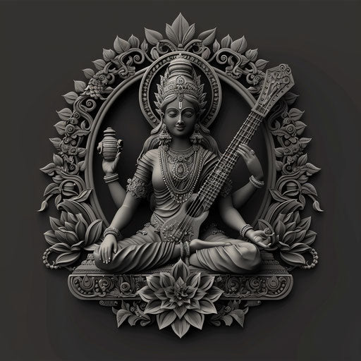 Saraswati clipart rendered in a realistic style on a flat, dark charcoal background, accentuating dramatic contrast and intricate detail