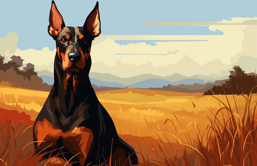 Doberman Pinscher Dog in Field, Dark Orange and Maroon Style, Exaggerated Features
