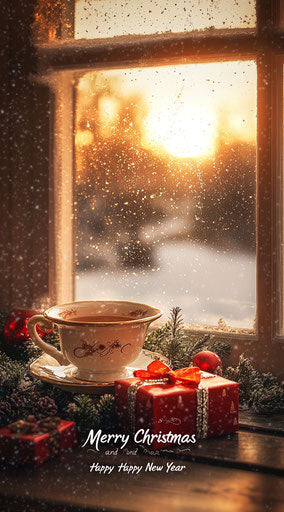 A beautiful Christmas window with sunrise and falling snow