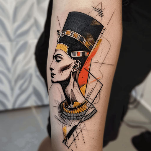 Bold flat tattoo sketch of Nefertiti with high contrast colors