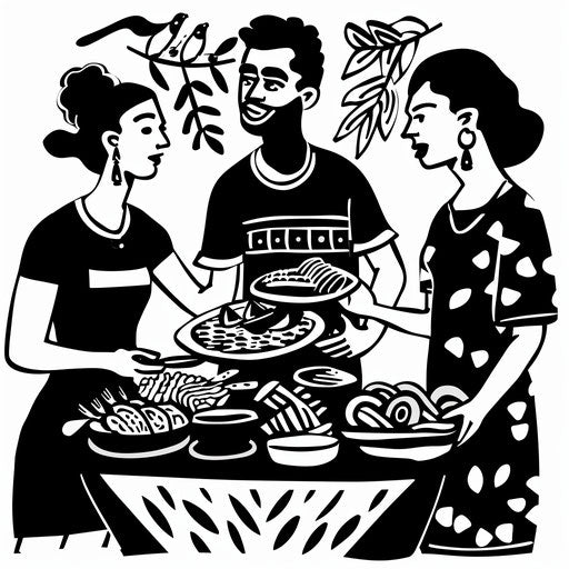 Multicultural potluck in black and white showcasing global cuisine