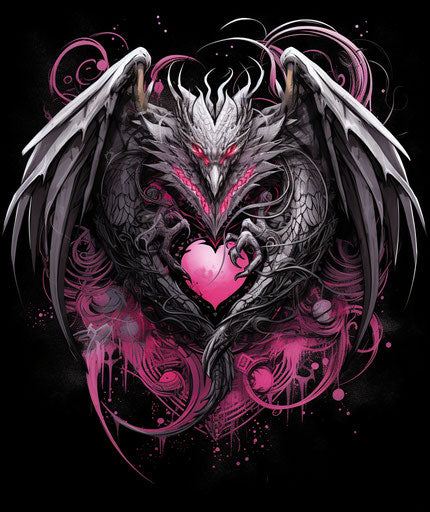 Pink heart and dragon wings, deathcore romantic style