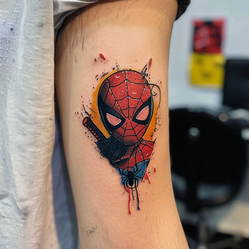 Small tattoo of a dynamic superhero, in the style of Humberto Ramos