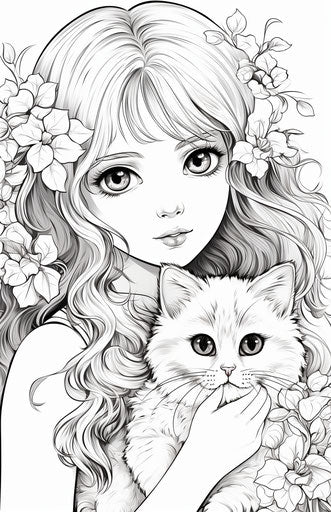 Beautiful girl with a kitty coloring book, anime inspired style