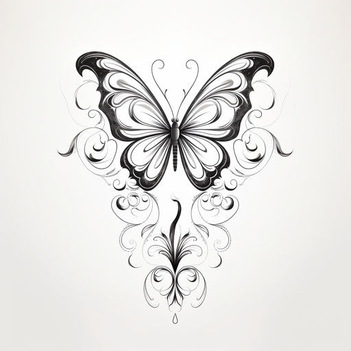 Black and white butterfly tattoo template 77, in the style of Victor Horta, sketchy