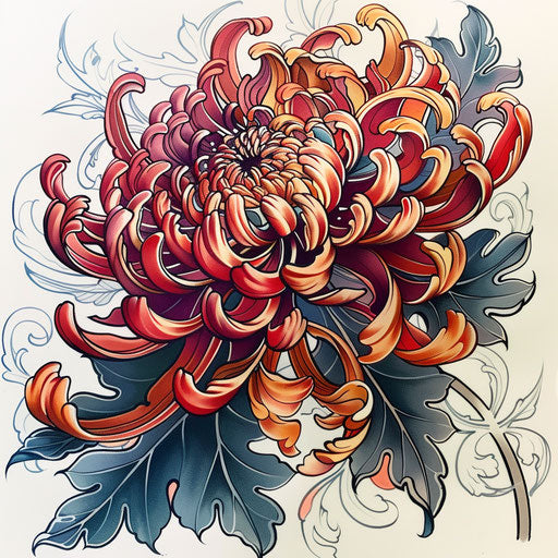 Neo-traditional tattoo design of a chrysanthemum with deep colors
