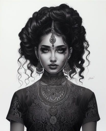 Beautiful drawing of a woman with a hairstyle, trad goth style, dark and brooding Indian scenes