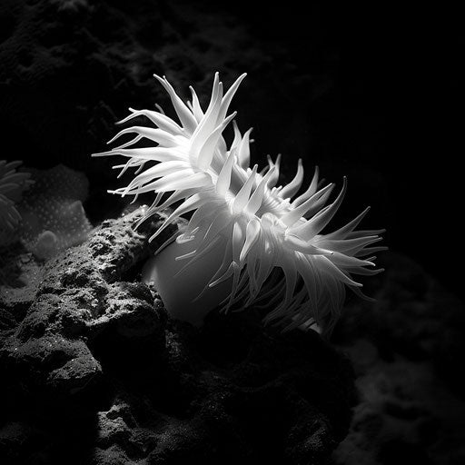 Sea anemone in high-contrast black and white photo