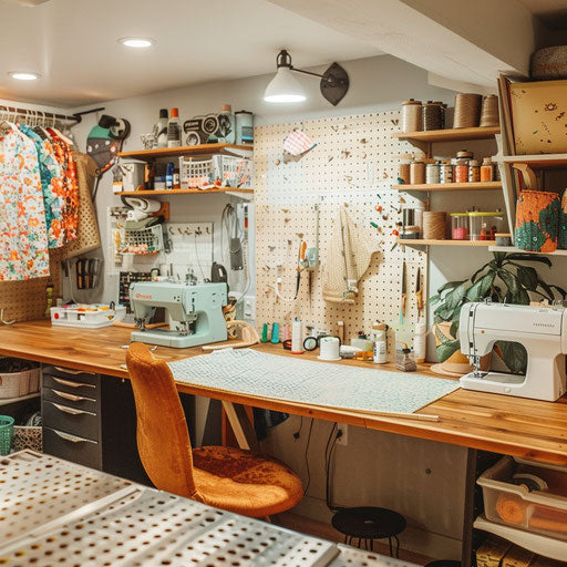 Sewing room with fabric storage and tool pegboard