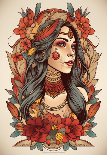 Old western tattoo print of a woman with flowers and roses