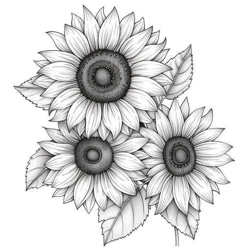 One of the sunflowers in an outline drawing on white background