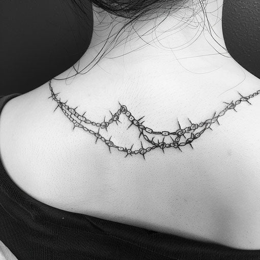 Gothic chain tattoo with barbed wire integration, in stark black ink, on a clean white background