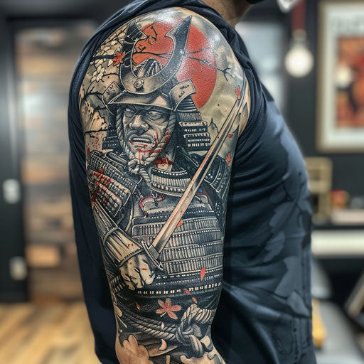Samurai warriors arm tattoo in the style of Ami James