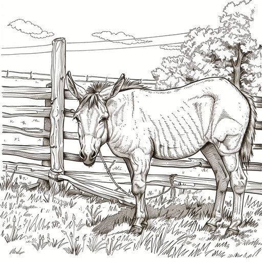 Adorable donkey by wooden fence on a farm