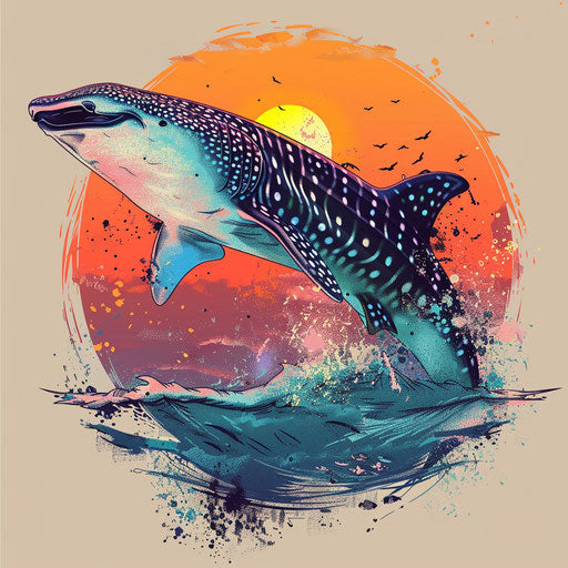 Dynamic flat tattoo sketch of a whale shark leaping out of water with vibrant sunset colors