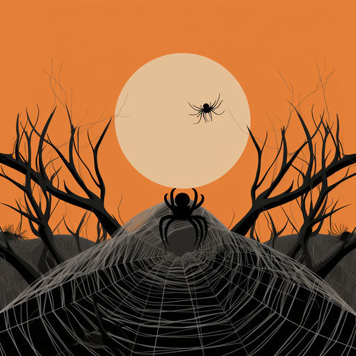Black spider on web, minimalist black and white illustration, dark white and light orange, Halloween