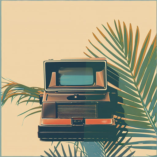 Polaroid clipart in photo realistic style with a flat random background, vintage filter and delicate lines