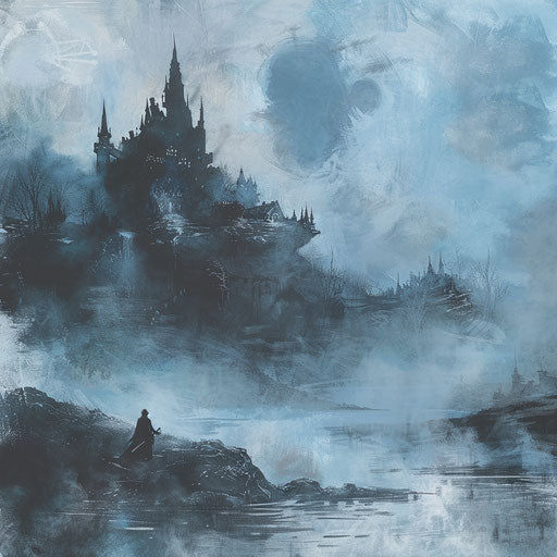 Atmospheric tattoo sketch of a Dark Souls foggy landscape in a muted, flat style with grey and blue hues