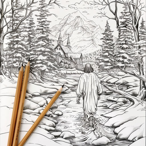 Jesus walking on water with a cozy and detailed winter setting in the style of Jan Brett, Coloring book page
