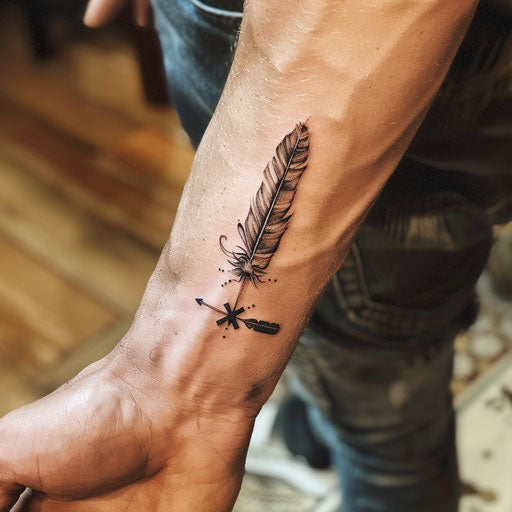 Men's wrist tattoos feather arrow Steve McNiven style