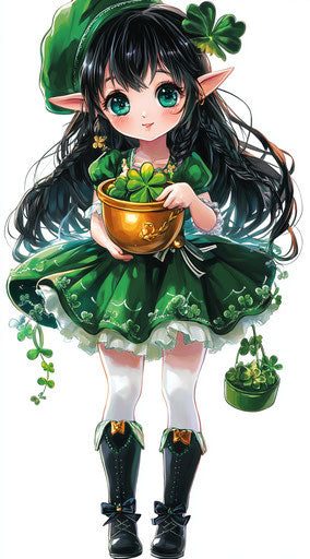Cute girl in green with gold shamrocks near leprechaun