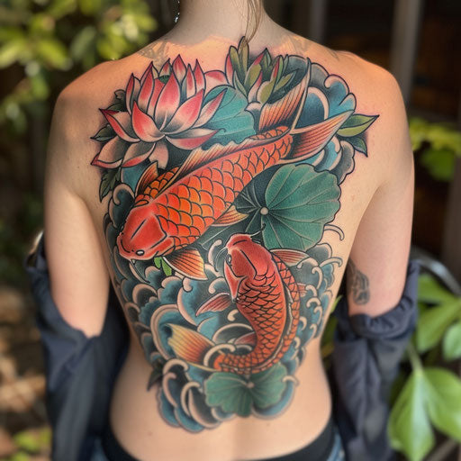 Traditional Japanese tattoo of a koi and lotus flowers