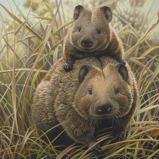 A mother wombat with her baby on her back, navigating through a field of tall grasses