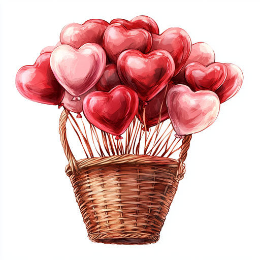 Red and pink hearts in a basket, clipart style, high quality details