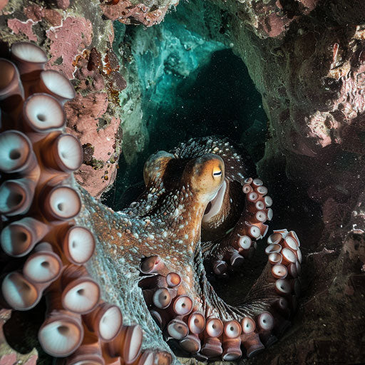 Mother octopus protects eggs in hidden underwater cave