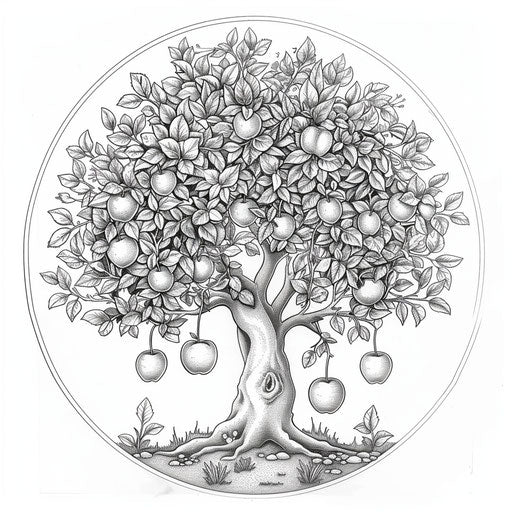 Tree with hanging apples. Coloring book page