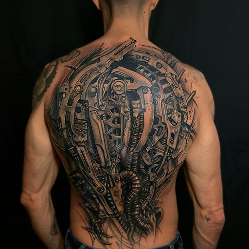 Biomechanical tattoo with sci-fi aesthetics