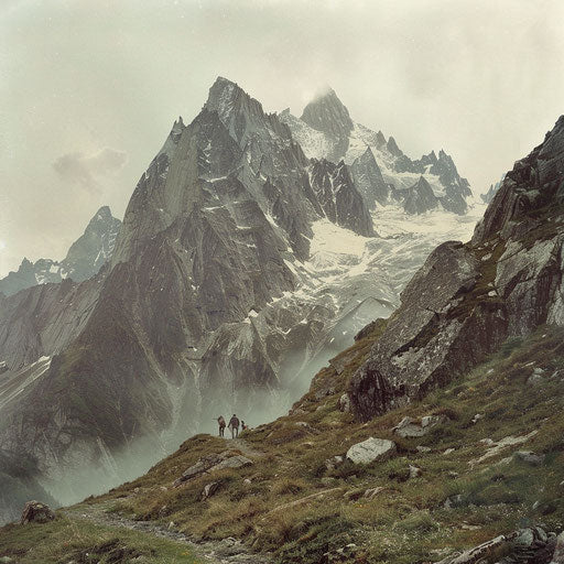 The Alps with climbers on a rugged trail