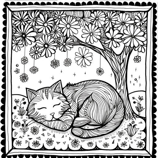 A cat sleeping under a tree in bloom