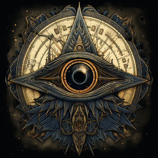 All-seeing eye and ancient sun symbol, massurrealism style