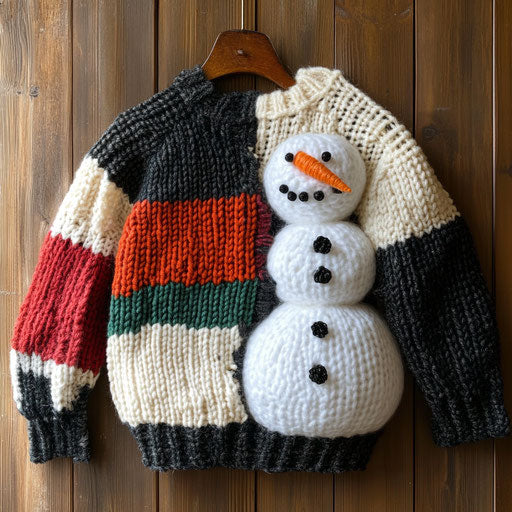 Hand-knitted ugly sweater with mismatched sleeves and lopsided snowman