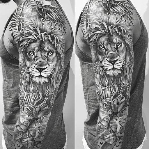 Sketch of realistic lion and jungle scenery, full sleeve for men