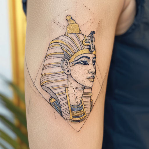 Stylish tattoo sketch of a pharaoh with minimal gold lines