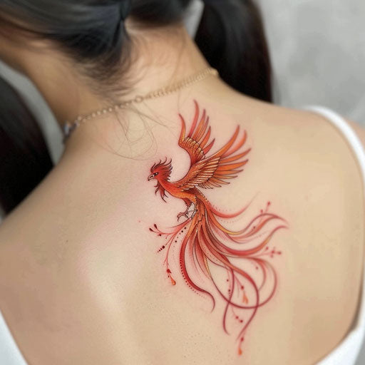 Korean Phoenix tattoo, rising in red and gold flames on a white canvas