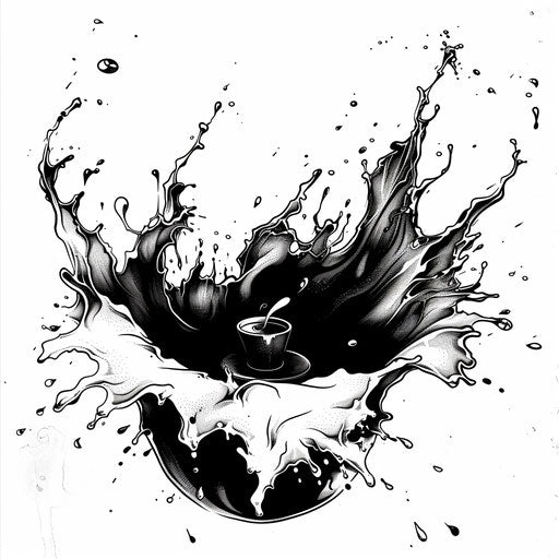 Dynamic sketch of a coffee splash, clipart style with sharp black and white contrasts